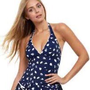 PROFILE BY GOTTEX BLUE WHITE POLKA DOT FEATHER HALTER PEPLUM TANKINI SIZE 6 NEW